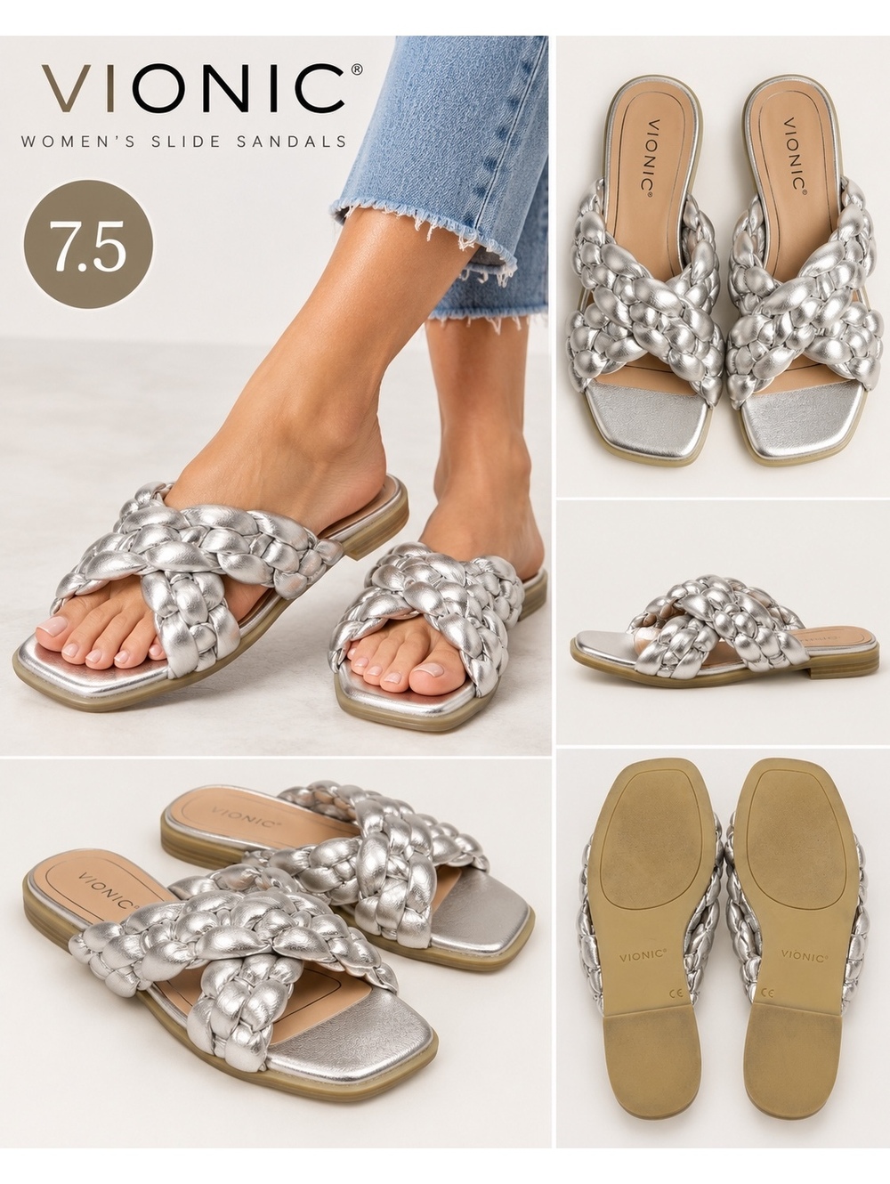 Vionic braided slide sandals metallic silver size 7.5
